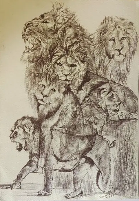 Jungle Pride — ballpoint pen wildlife study by Vibhuti Mehta