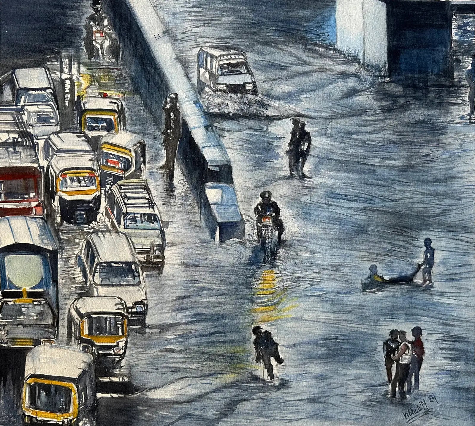 Monsoon In Monochrome — watercolor landscape by Vibhuti Mehta