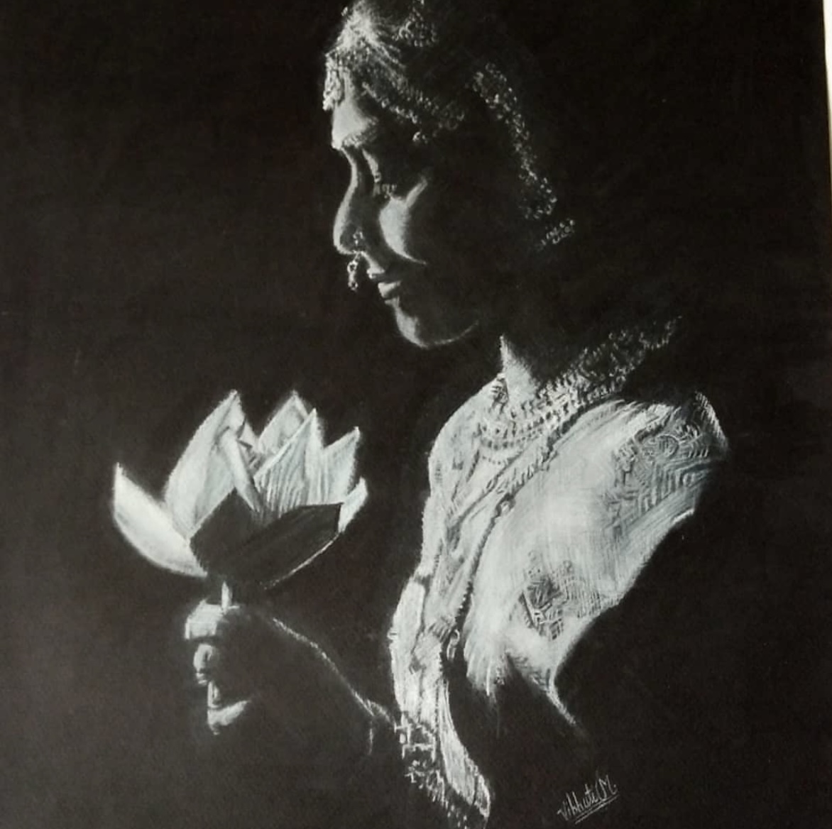 Bharatnatyam I — charcoal figurative painting by Vibhuti Mehta