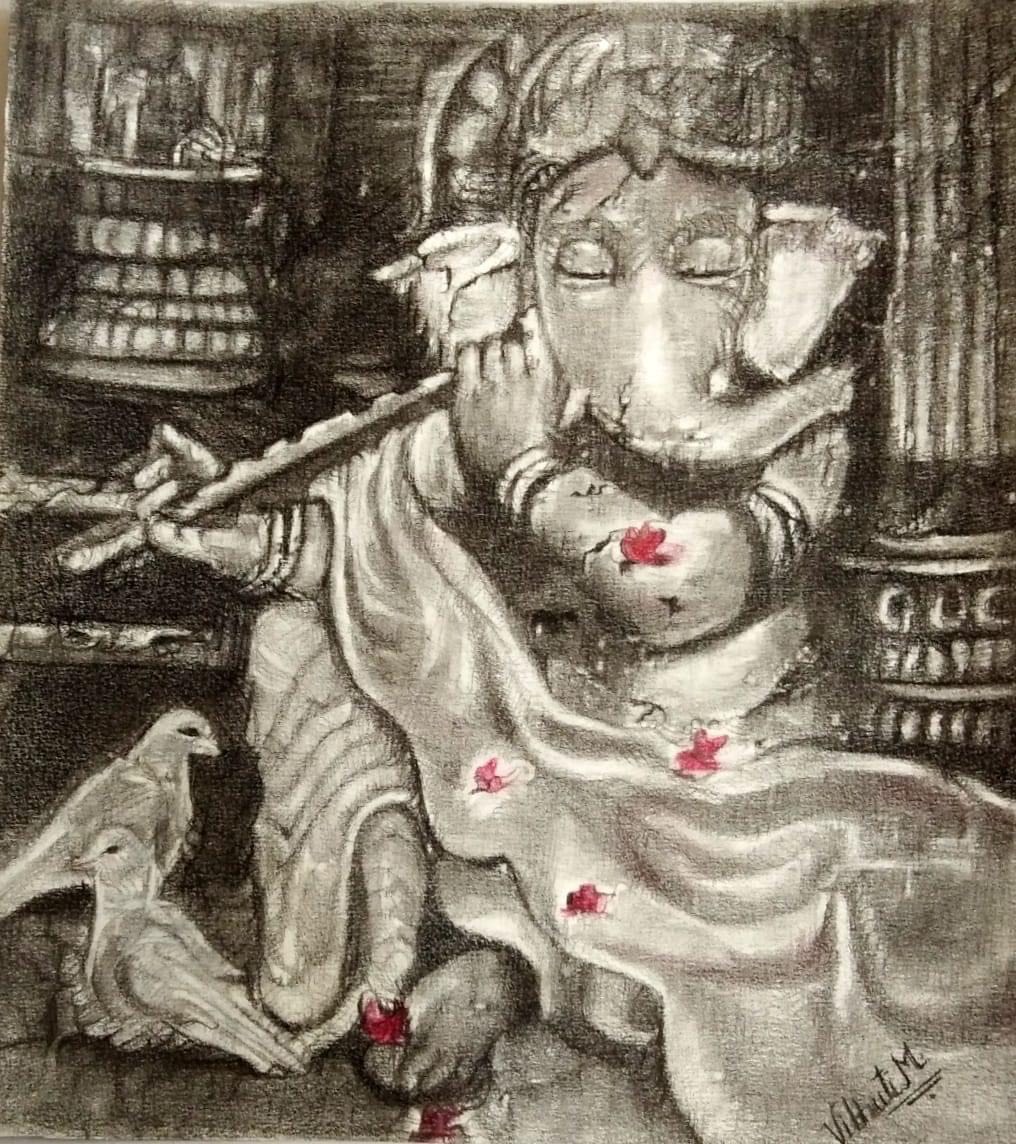 Ganesh II — charcoal devotional painting by Vibhuti Mehta