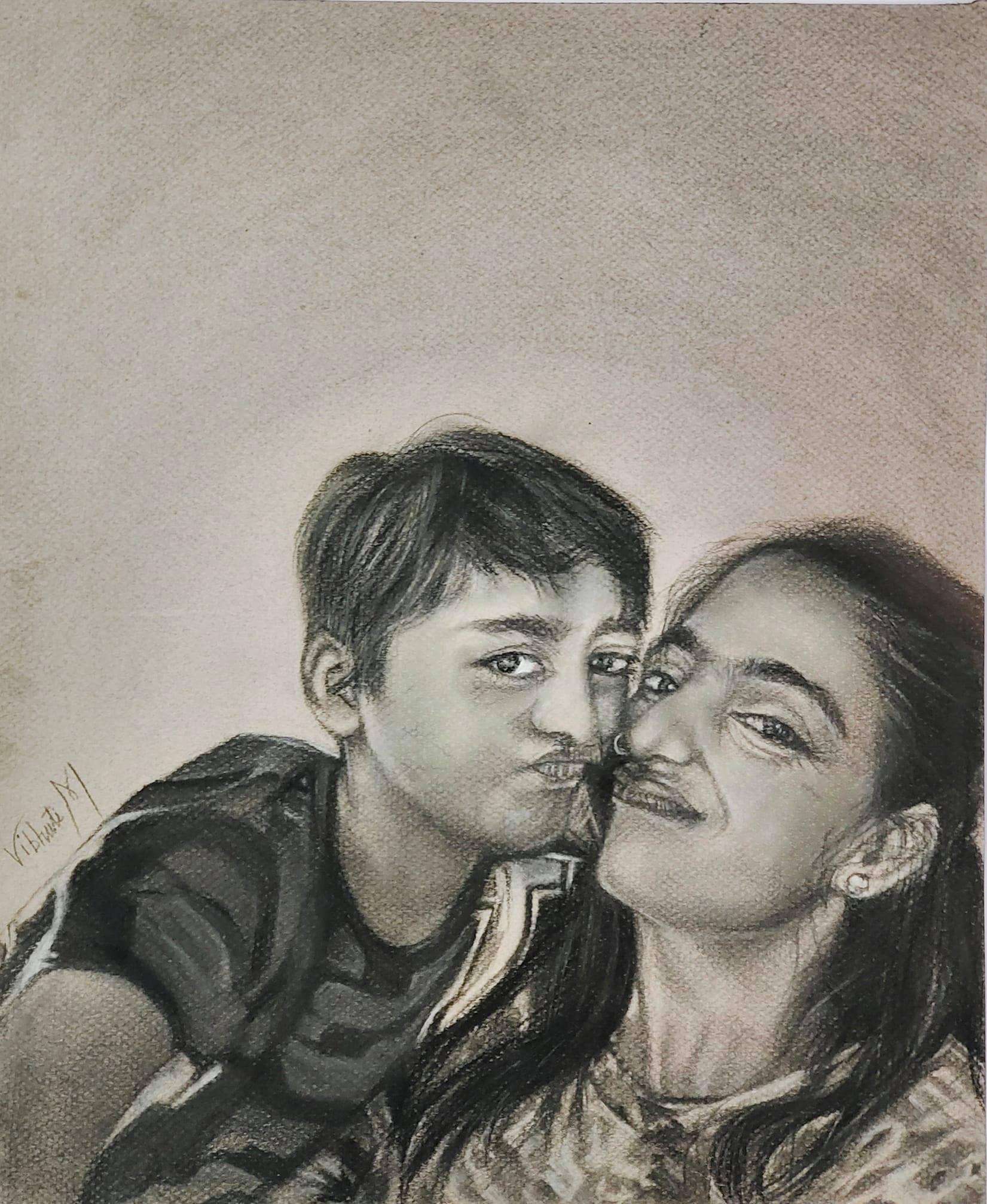 Self portrait with son — charcoal portrait painting by Vibhuti Mehta