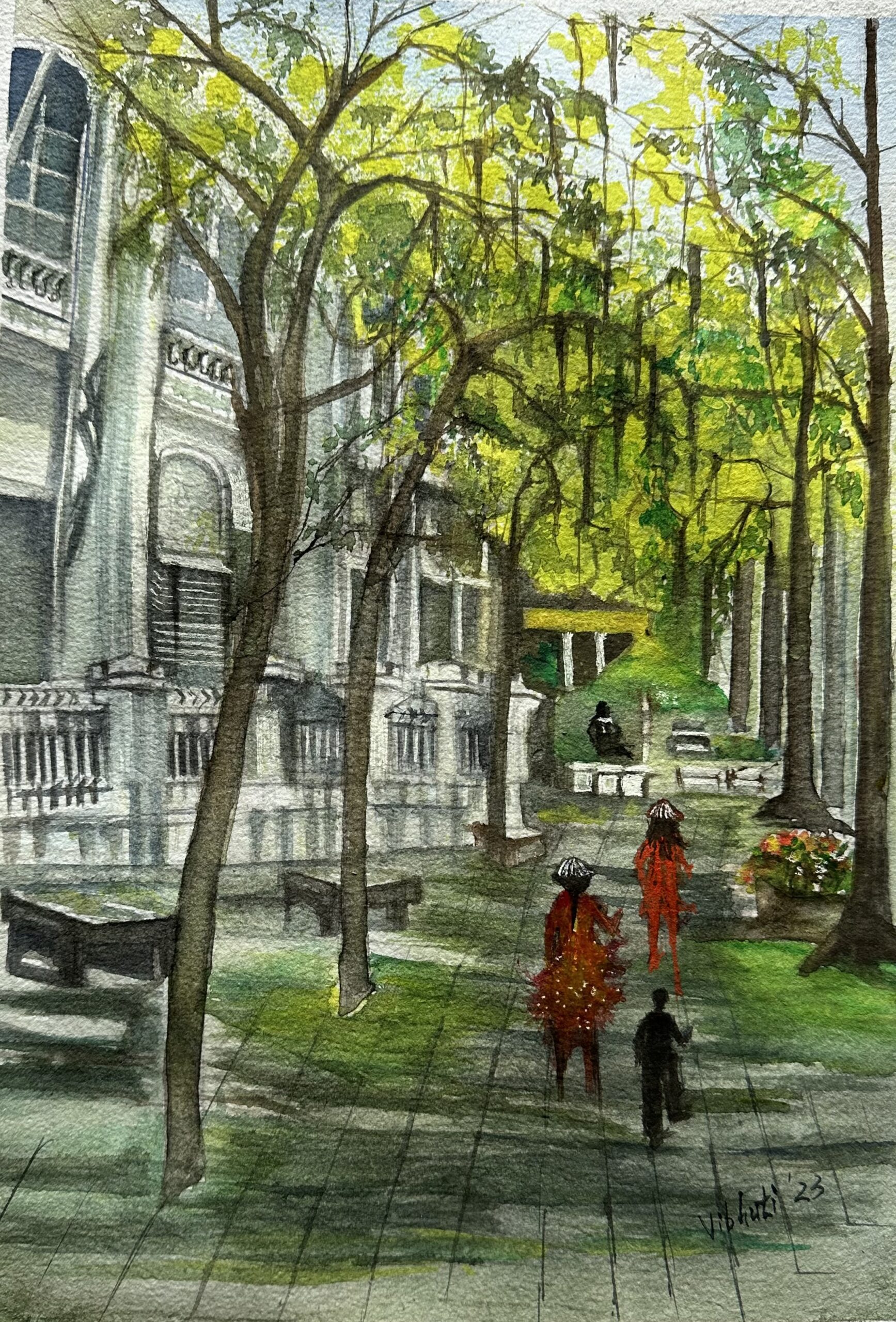 Trees by the Street — watercolor places painting by Vibhuti Mehta